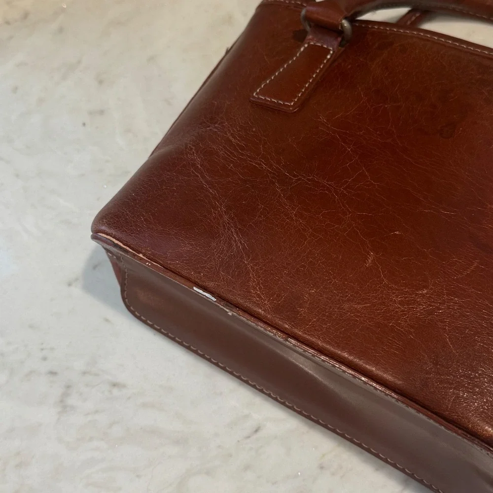 Fossil Mini Tote Hand Bag Womens Small Brown Leather Vintage Contrast Stitch